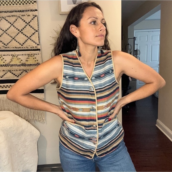 Jones New York Vintage 80s Striped Linen Western Vest Size SP Southwestern - Picture 3 of 8